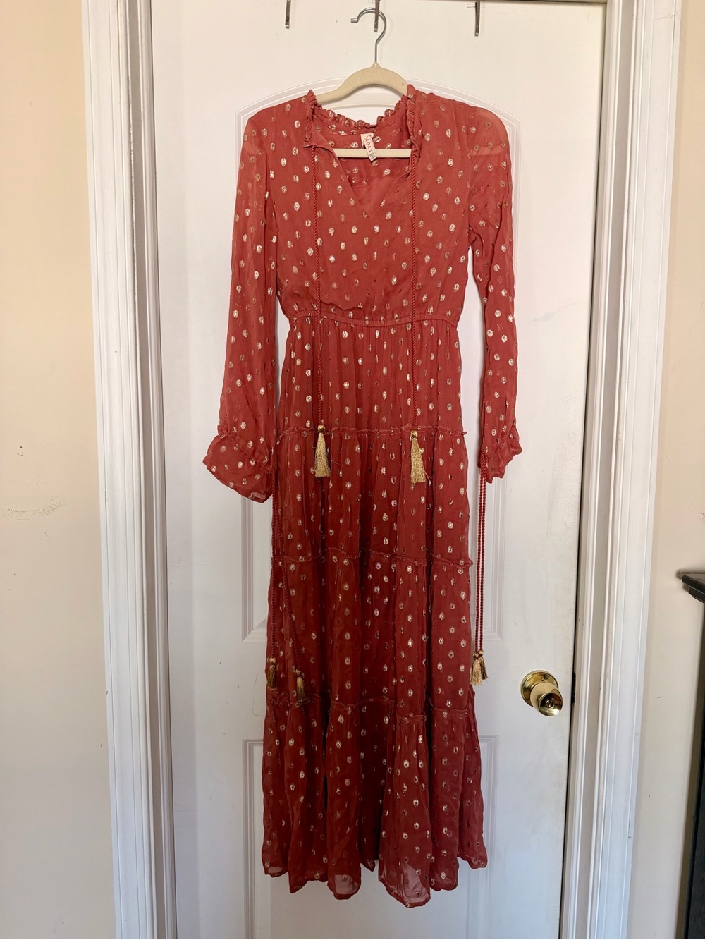 Anthropologie RAGA Dusty Rose with Gold Polka Dot Tiered Longsleeve Maxi Dress.
